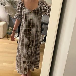 long checkered puffed sleeves button up dress from asos